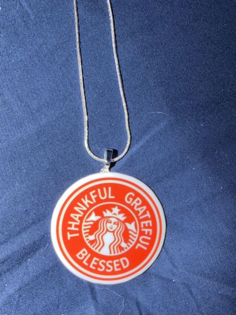 Starbucks Red and White 'Thankful Grateful Blessed' Round Pendant Necklace